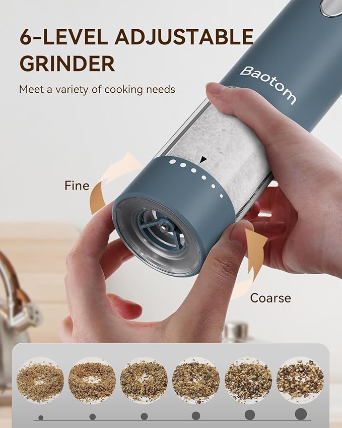 Electric Salt and Pepper Grinder Set with Dual Charging Base, 6 Adjustable Coarseness Levels & External Grind Settings, One-handed Operation Salt and Pepper Mills with LED Light, Blue