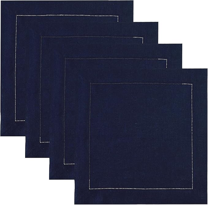 Solino Home Square Placemats Set of 4-100% Pure Linen Navy Blue Cloth Placemats 14 x 14 Inch - Classic Hemstitch, Machine Washable Place Mats for Fall, Autumn, Thanksgiving, Winter