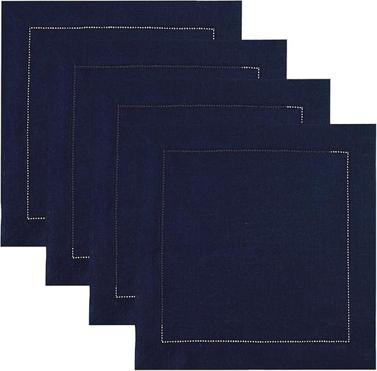 Solino Home Square Placemats Set of 4-100% Pure Linen Navy Blue Cloth Placemats 14 x 14 Inch - Classic Hemstitch, Machine Washable Place Mats for Fall, Autumn, Thanksgiving, Winter
