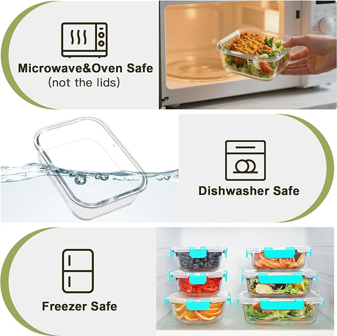 BAYZZ 30 Piece Glass Food Storage Containers Set, Glass Meal Prep Containers with Lids, Airtight Lunch Box, BPA-Free, Microwave, Freezer & Dishwasher Safe,Green