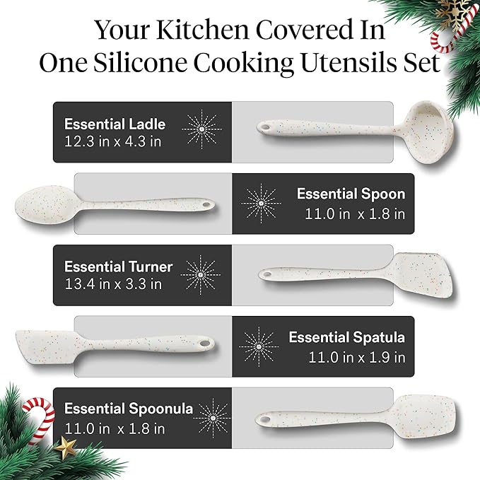 GIR: Get It Right 5-Piece Silicone Essentials Kitchen Utensils Set - Ladle, Spatula, Flip, Spoon & Spoonula - Non-Toxic Cooking Utensils for Nonstick Cookware, Cooking and Baking - Party Confetti