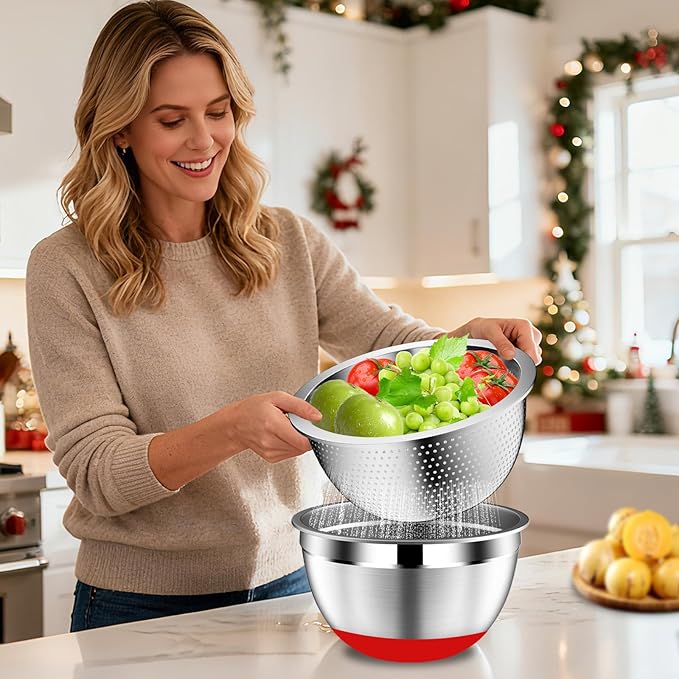 Mixing Bowls with Lids Set - 16pcs Stainless Steel Mixing Bowl Set with Colander, 3 Grater Attachments, Non-Slip Bottom, Metal Nesting Bowls with Strainer for Mixing & Serving - Multicolor