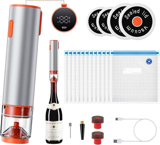 Handheld Vacuum Sealer with Multi-Purpose Use, Powerful Suction, 4 Mason Jar Lids, Aluminum Body, One-Touch Operation, Kitchen Essentials for Sports Balls, Gray