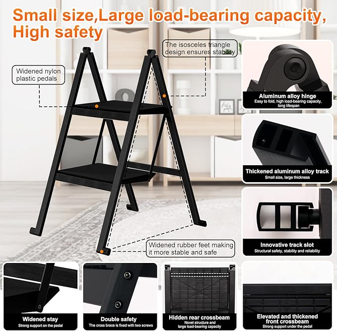 2 Step Ladder,Aluminum Ultra Thin Folding 2 Step Stool,400 Lbs Capacity Heavy Duty with Anti-Slip Sturdy and Wide Tread,Closet Slim Step for Home,Kitchen and Office,Space Saving (Black, 2-Step)