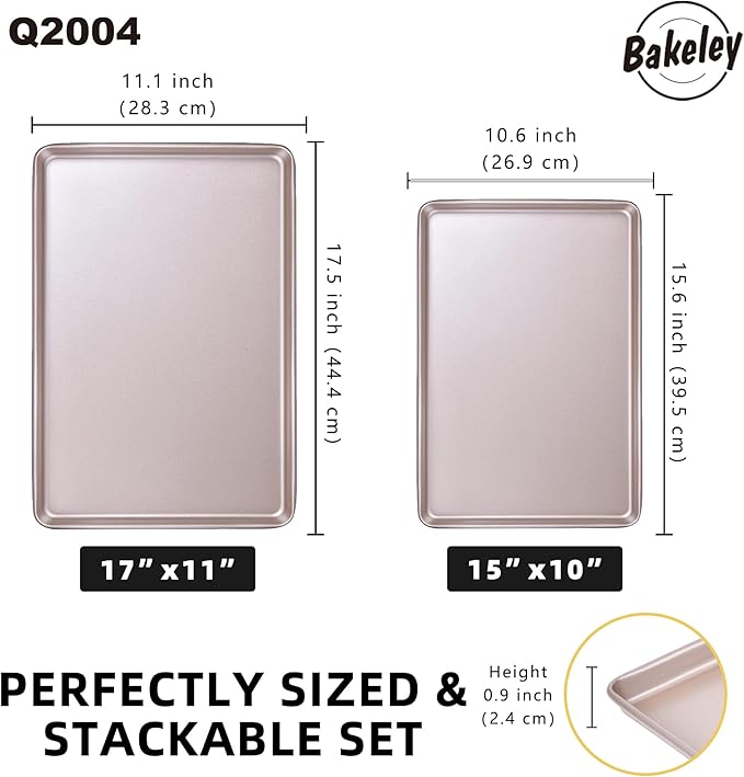 2-Piece Heavy Duty 0.8mm Baking Sheet Pan Set Quarter(9x13in)& Jelly Roll(10x15in), 2 Pack Baking Sheets Non Stick, Cookie Sheet Pan for Oven (Champagne Gold, 15.7"x10.6"/13.5"x9.6")