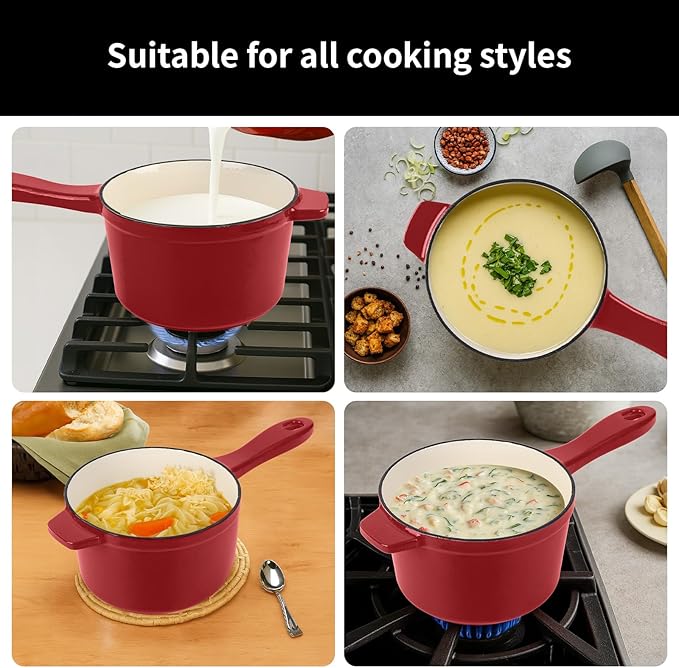 Enameled Cast Iron Sauce Pan with Lid, 1.7 Quart Saucepan with Lid, Small Dutch Oven Pot, Suitable for Small Portions of Soup, Sauces, Oatmeal, Red