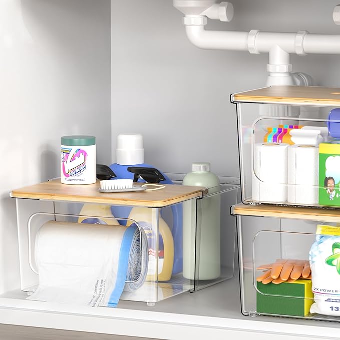 Trash Bag Dispenser Holder - 2 in 1 Clear Acrylic Plastic Garbage Bags Container With Bamboo Lid Storage Box for Kitchen Pantry Laundry Room Organization, Large Trash Bag Organizer Under Sink