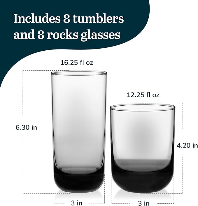 Libbey Polaris Tumbler and Rocks Glass Set, Smoke Hue Drinkware Glasses Set, Lead-Free Tall Water Glasses with Modern Clean Lines, Dishwasher Safe Drinking Glasses Set of 16