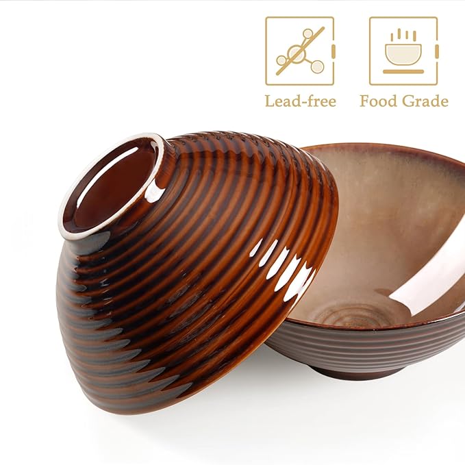NUTRIUPS 8 Inch Ceramic Ramen Bowl Set of 2 Pho Bowls 40oz Japanese Noodle Udon Soup Bowls with Spoons and Chopsticks (Sunbaked Clay)