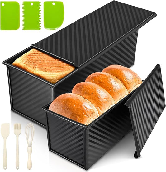 2Pack Bread Pan with Lids – 2.2 LB & 1 LB Dough Capacity, Non-Stick Carbon Steel Bread Pans for Homemade Sandwich and Sourdough Bread, Corrugated Toast Mold Black