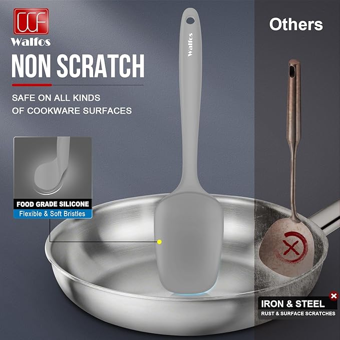 Walfos Silicone Spatula Set (7pcs) - 600℉ Heat Resistant Silicone Scraper Spatulas with Stainless Steel Core, Non Stick Flexible Rubber Spatula for Cooking, Baking and Mixing, Gray