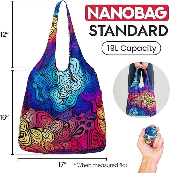Nanobag Ultra-Lightweight Foldable Tote for Women & Men, Reusable Grocery & Travel Bag, Packable Collapsible Compact Market Essential (Standard Sketch)