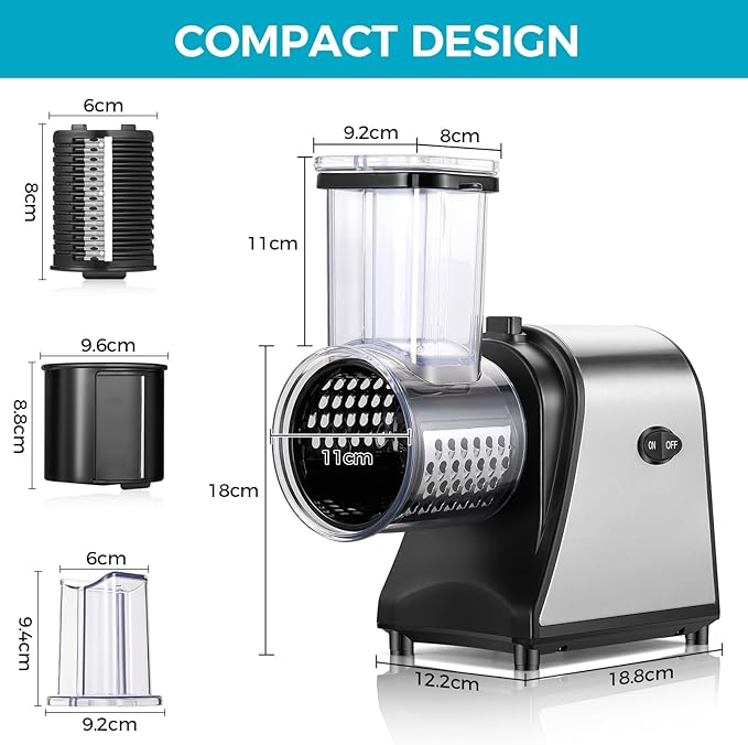 Electric Cheese Grater, 250W Electric Slicer Shredder, One-Touch Control Electric Salad Machine for Cheese, Fruits, Vegetables, Salad Maker with 5 Different Shapes of Blades, 2025 Upgrade