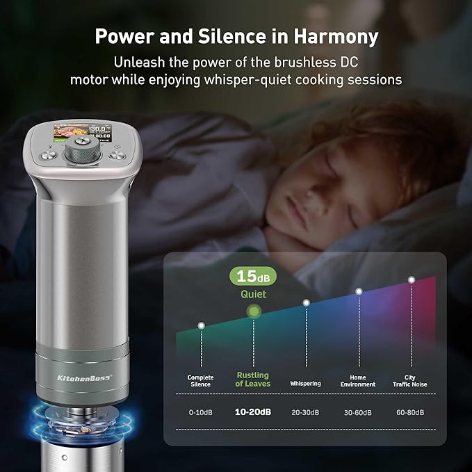 KitchenBoss WiFi Sous Vide Cooker: Ultra-quiet Sous Vide Machine Built-in TFT Color Display Recipes, 1100W Sous Vide Immersion Circulator Accurate Temp Waterproof Magnetic Knob APP Control, Silver