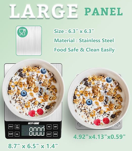NEXT-SHINE Food Kitchen Scale 11lb, 0.1g/0.01oz Precise Graduation Rechargeable Digital Scale with Nine Units Large Tray Stainless Steel Platform LCD Display for Meal Prep Cooking Baking