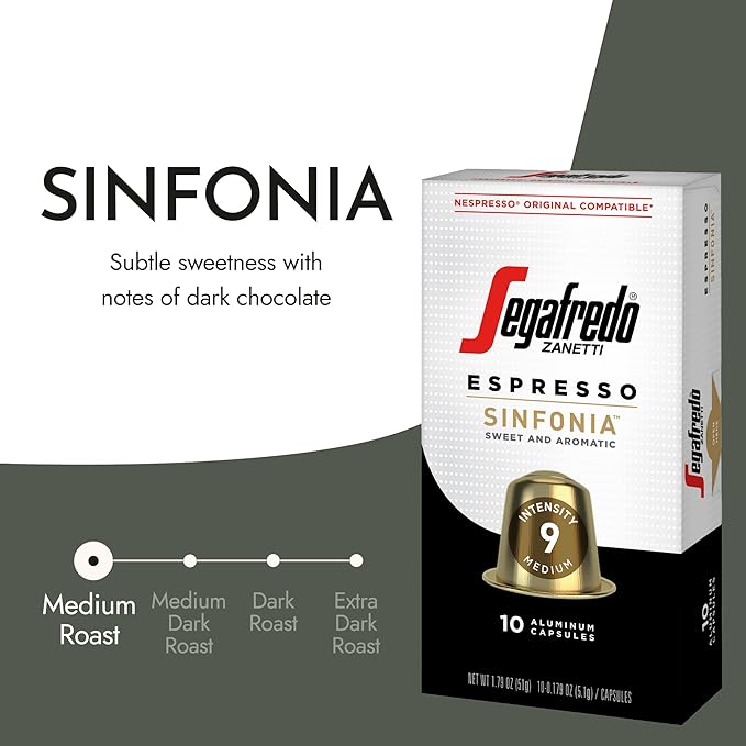 Segafredo Zanetti Espresso Capsules – Aluminum Pods for Nespresso Original Machines – Medium Roast Premium Espresso with a Sweet Aroma – Subtle, Intensity 9 – Sinfonia, 10 Count