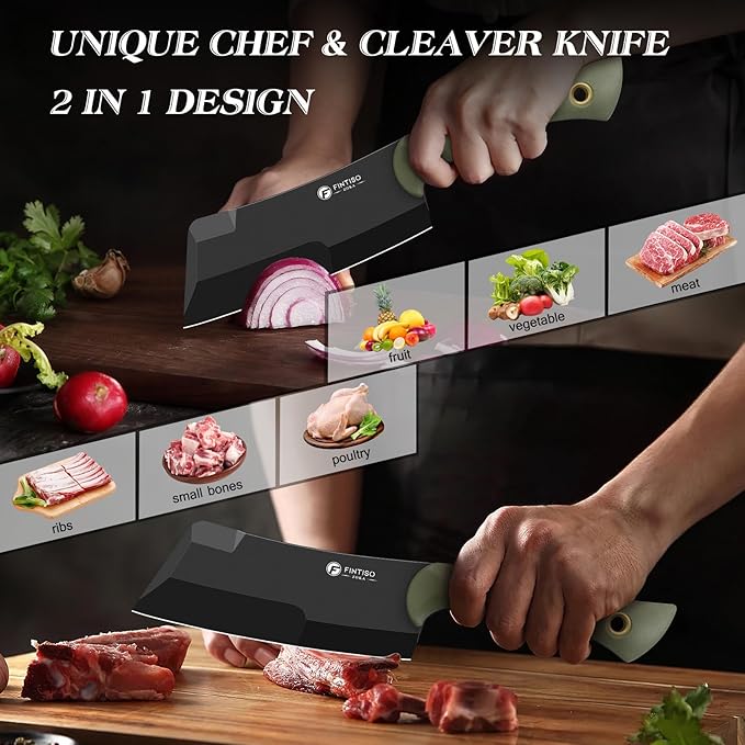 5.5 Inch Butcher Knife, 2-in-1 Chef & Meat Cleaver Knife with Sheath, Multipurpose Full Tang G10 Handle Kitchen Knives for Bone Chopping, 14C28N High Carbon Stainless Steel for Home and Outdoor