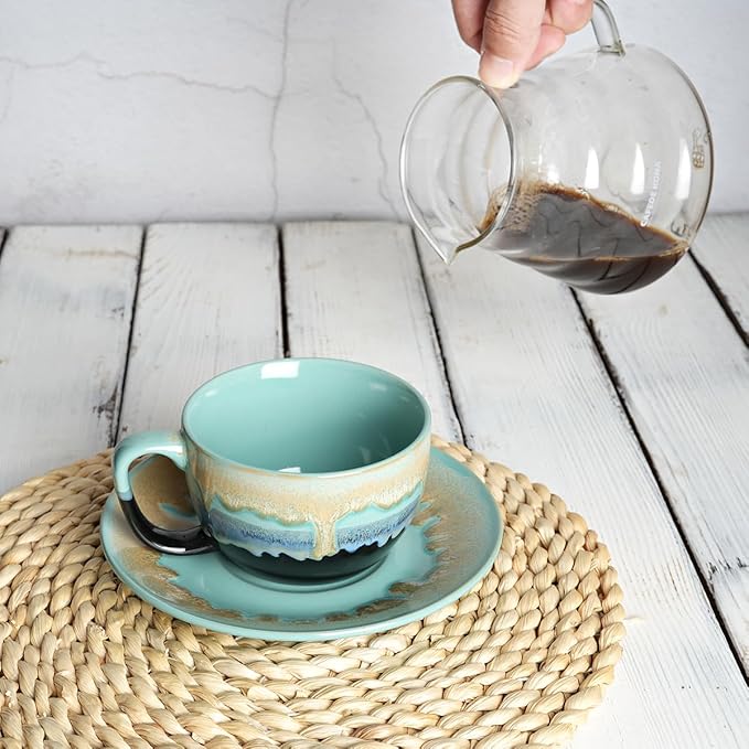 Bosmarlin Ceramic Cappuccino Cup and Saucer Set of 2, 10 Oz, Dishwasher and Microwave Safe, Coffee Cups for Latte, Espresso, Tea, Reavtive Glaze (Pastel Blue, 10 oz)