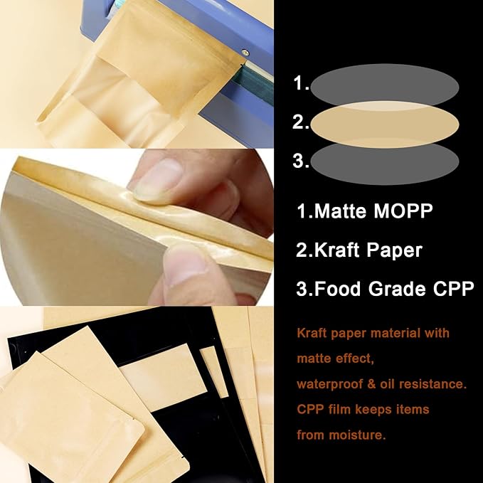 100 PCS Resealable Bags, Stand Up Kraft Paper Bags with Matte Window, Zipper Lock Food Storage Bags for Small Business and Home, 5.51 * 8.66 Inch Reusable Sealable Bags for Packaging