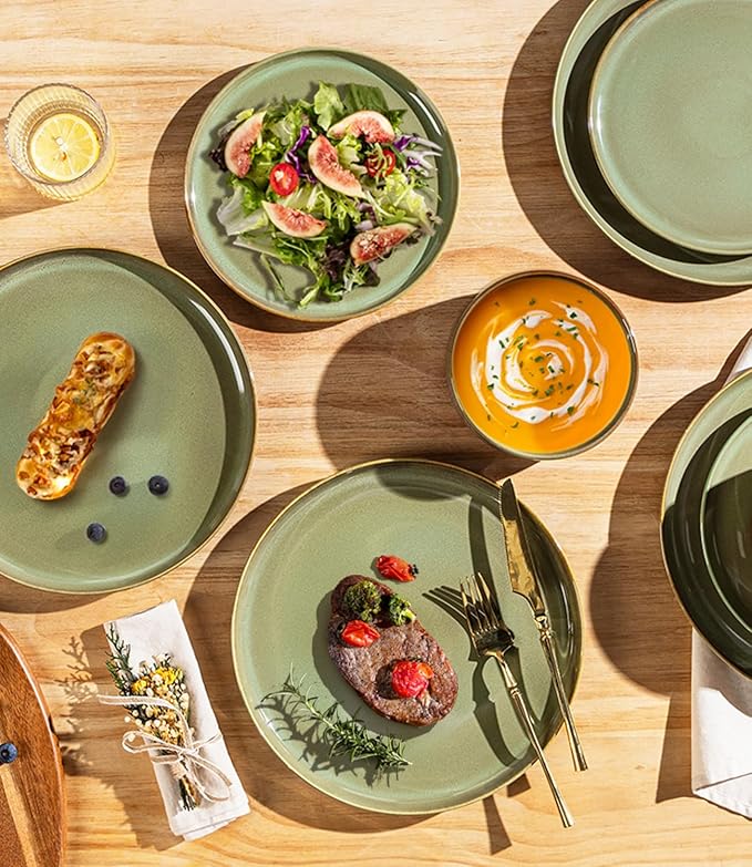 TheTerra Ceramic Dinnerware Sets for 4, 12 Pieces Handmade Reactive Glaze Plates and Bowls Set, Scratch Resistant Dish Set, Oven & Microwave & Dishwasher Safe, Brown Green