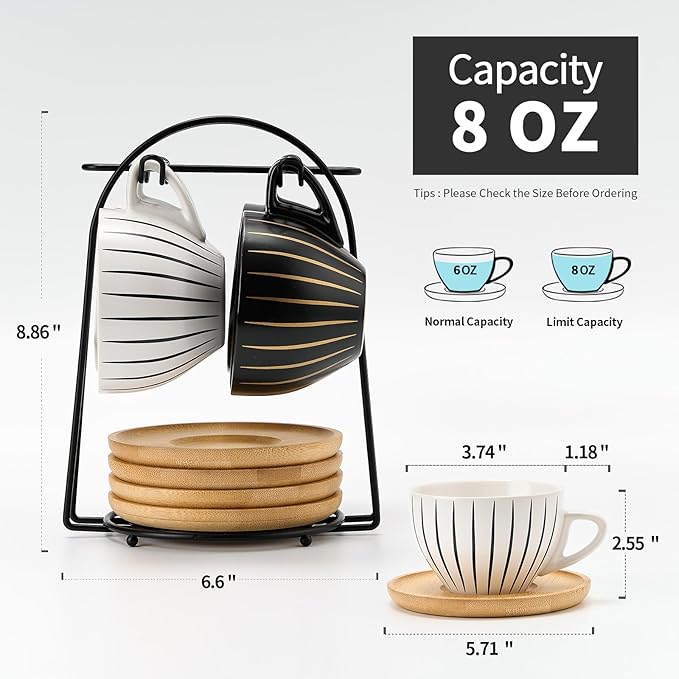 LUKA Ceramic Demitasse Espresso Cups Set with Saucers and Metal Stand, 8 oz Porcelain Cappuccino Cups Teacup For Tea, Espresso, Latte, Coffee, Cafe Mocha, Set of 4, Stripe White & Black