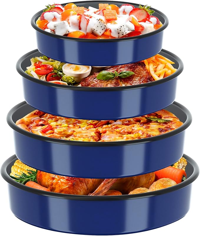 Enamel Baking Pans Set Round Roasting Dish 4-Pack 9/10/12/14 Inch Non Stick Large Bakeware for Cake Bread Pie Pizza Turkey Steak, Non-Toxic Carbon Steel Oven Dishwasher Safe Thanksgiving Cookware