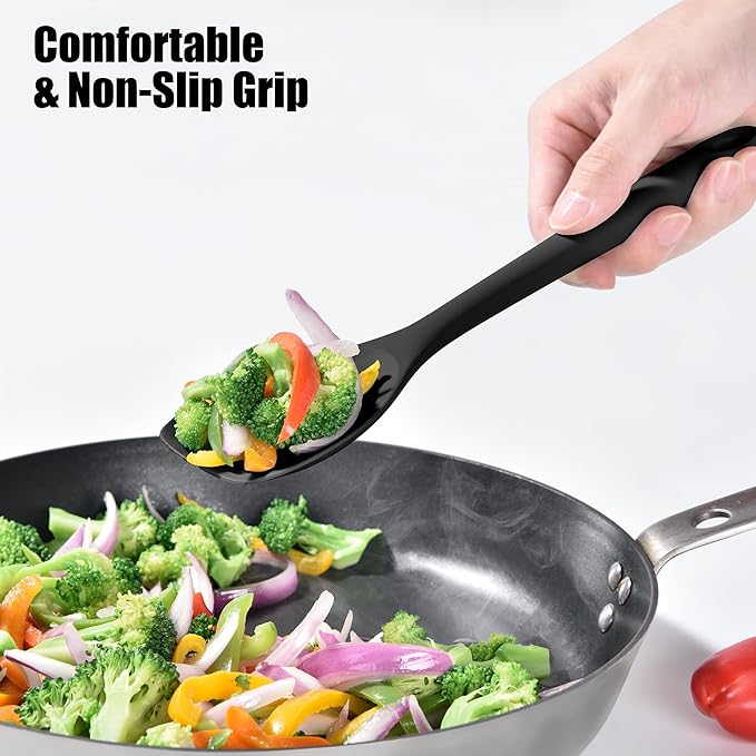 Doosu Silicone Spoon Spatula, 600ºF Heat-Resistant Food Grade Rubber Spoonula with Seamless Design, Non-Stick Flexible Scraper Kitchen Cooking Spoon Baking Tool for Mixing, Scraping (Black)