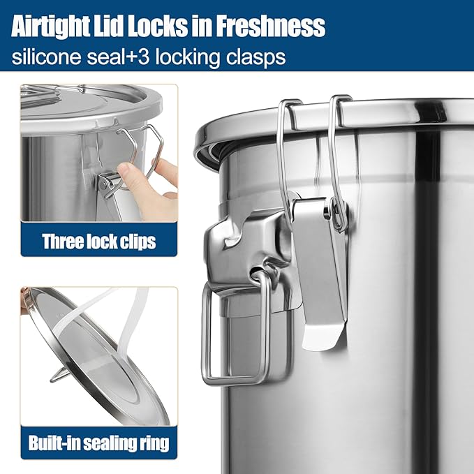 304 Stainless Steel Airtight Canister for Kitchen, 5.55 Gal Canisters Container with Lids and Sturdy Locking Clamp, Metal Food Storage Containers for Flour Grain Coffee Bean, 21L