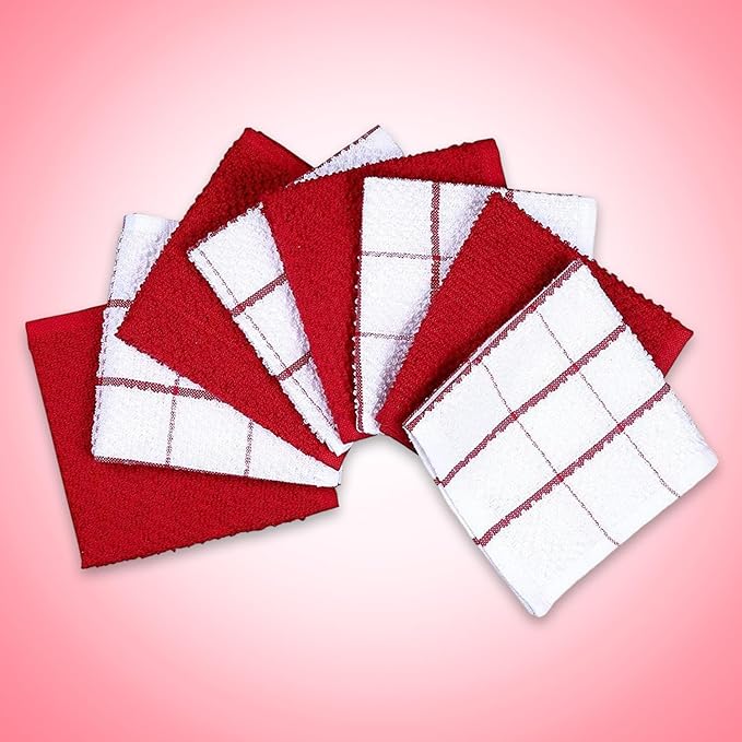 AMOUR INFINI Cotton Kitchen Dish Cloths Set of 8 – Highly Absorbent, Super Soft Premium Terry Cleaning Cloth (12"x12" Inch) Premium Dishcloths for Washing Dishes (Red)