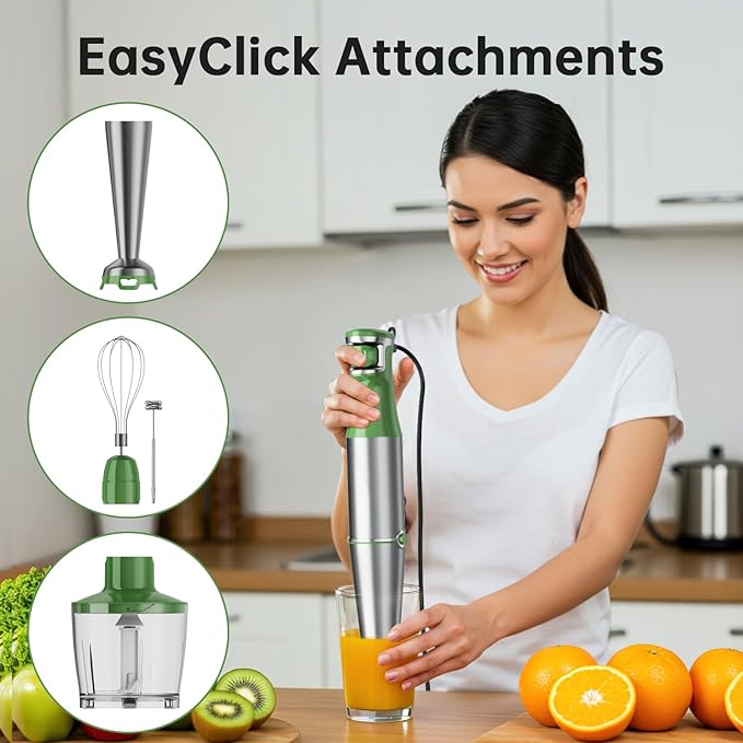Immersion Blender Handheld Corded Hand Blenders Set 1100W, Trigger Variable Speed 5 in 1 Stick Emulsifier with Chopper, Whisk and Frother for Soup, Baby Food and Smoothies, Green
