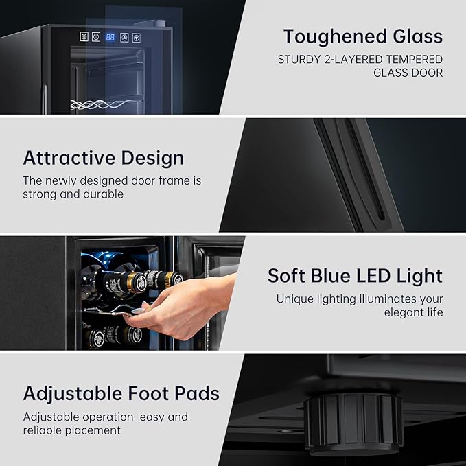 KingChii 12 Bottle Thermoelectric Wine Cooler Refrigerator Advanced Cooling Technology, Stainless Steel & Tempered Glass For Red Wine, Champagne for Home, Kitchen, or Office