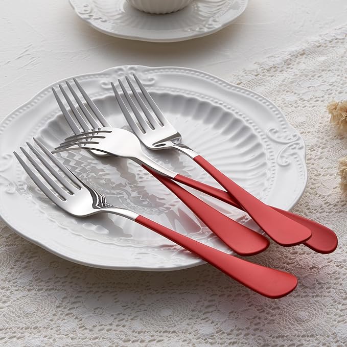 Red Dinner Fork, 18/0 Red handle Stainless Steel Satin Finish 8.1-inch Silverware Flatware Fork Set, Set of 12, Dishwasher Safe