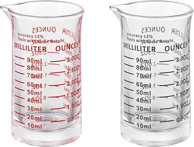 Ackers 3oz/90ml Glass Measuring Cup – Shot Glass with Double Scale-Ounce,Ml Markings for Kitchen & Bar(Pack of 2)