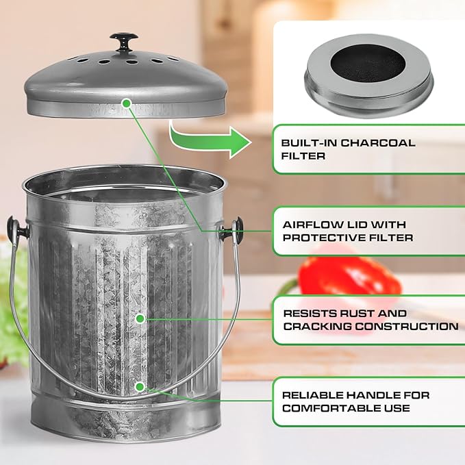 Plexon Countertop Compost Bin Kitchen Indoor, with Lid, Silver 1.5 Gallon Odorless Kitchen Compost Container, Steel Food Bucket Pail with Charcoal Filter, Silver