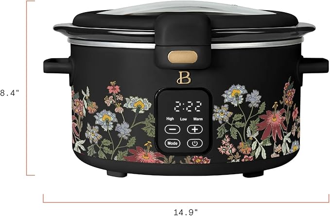 Beautiful 4-Qt Programmable Slow Cooker with Hinged Locking Lid & Touch Display – 3 Heat / 4 Timer Settings (Wildflower Black)