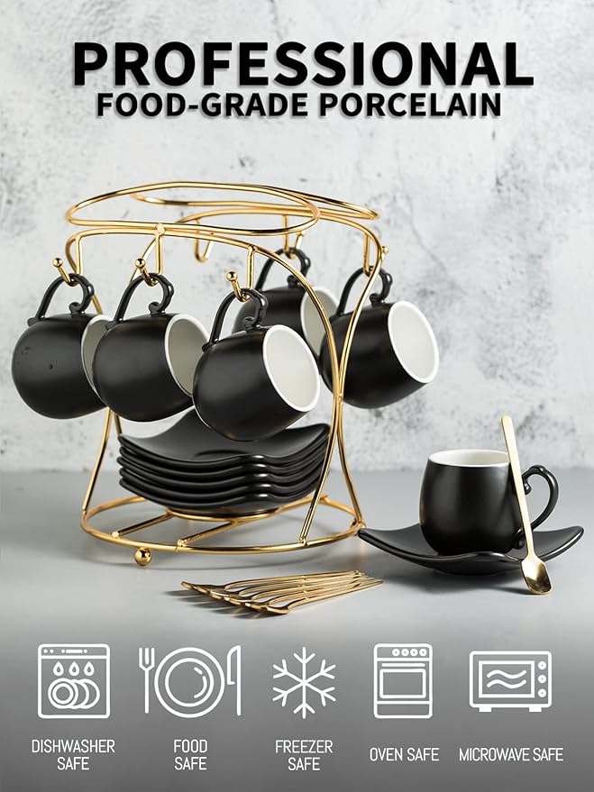 LYEOBOH Espresso Cups with Saucers Set, 3 Ounces Porcelain Coffee Cups with Metal Stand and Spoons, Cappuccino Cups Cute Demitasse Cups for Coffee Drinks, Latte, Tea Set of 6, Black