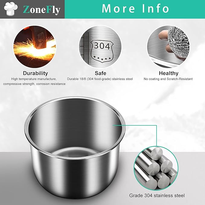 Zonefly for Instant Pot 3 Qt Inner Pot Replacement insert, Stainless Steel Cooking Pot Liner with Polished Surface & Easy to Clean - 3Quart Instapot Rice Cooker Accessories, Includes 2pcs Seal Rings