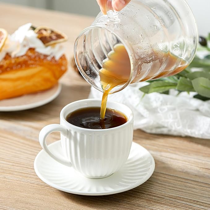 Ceramic Espresso Cups with Saucers 5 Oz,Set of 4 Porcelain Demitasse Cups Set,Small Coffee Cups with Handle for Coffee,Tea,Latte and Macchiato,Cappuccino Mugs for Kitchen and Cafe,White