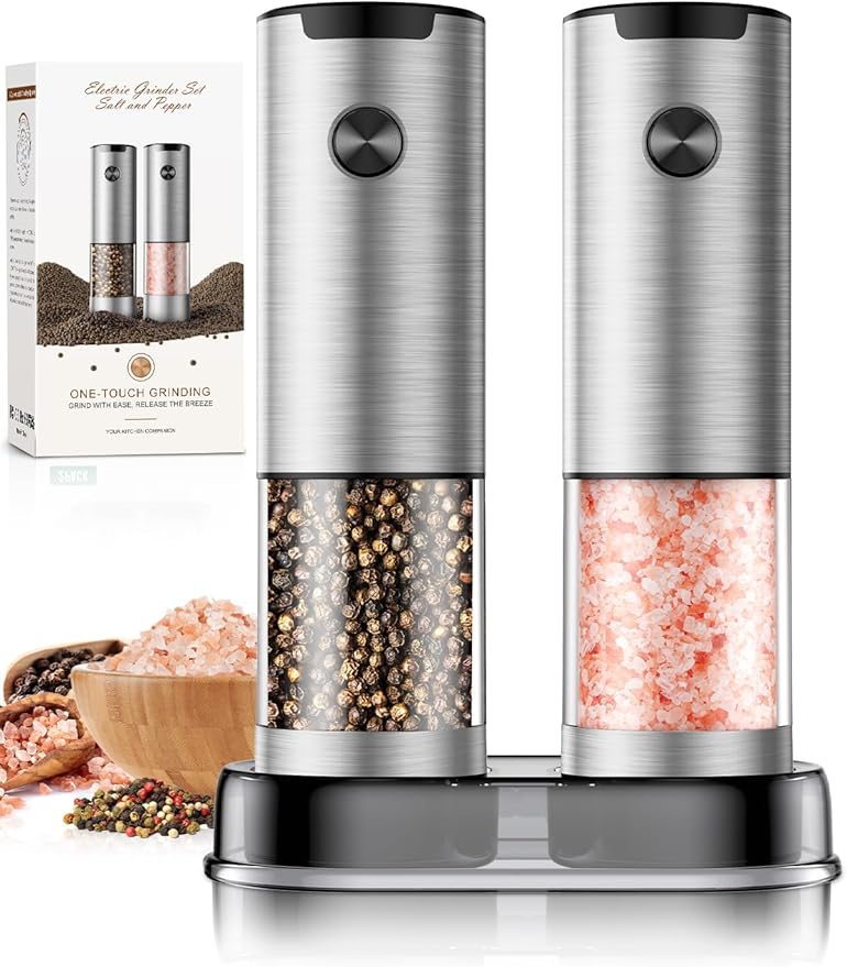 Electric Salt and Pepper Grinder- Automatic Battery Pepper Mill Shakers Kitchen Essentials for New Home Adjustable Coarseness Upgraded Larger Capacity with Led for Housewarming Gifts