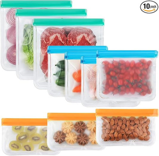 10 Pack reusable bags, Leakproof Reusable Freezer Bags, BPA Free silicone food storage bags for Lunch Marinate Food Travel - 3 Gallon 3 Snack 4 Sandwich Bags.