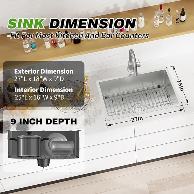 Stainless Steel Drop In Kitchen Sink - 27x18 Inch Modern Undermount Single Bowl - SS Grid, Spoon Rest, Drain Strainer Set