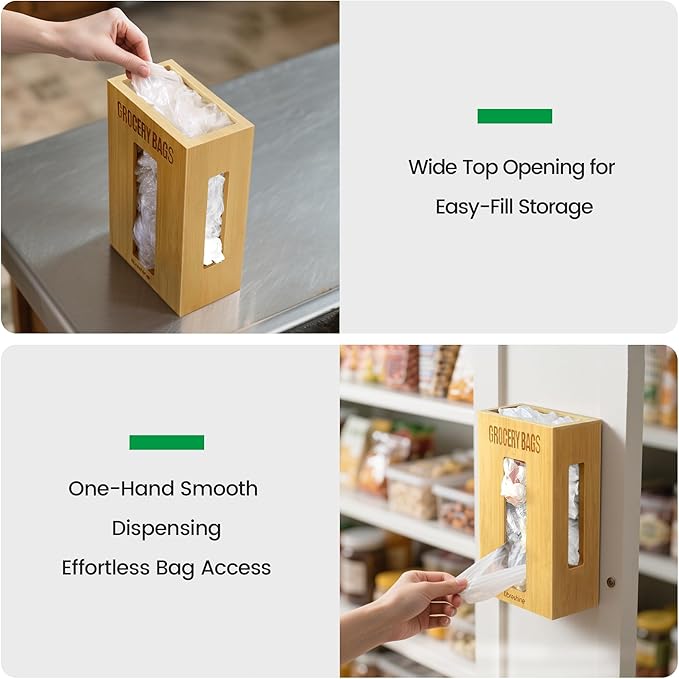 Extra Large Bamboo Grocery Bag Holder & Plastic Bag Organizer, Under Sink Cabinet or Wall Mounted Storage, Space-Saving Dispenser for Kitchen, Pantry, Garage, Laundry Room