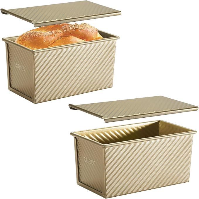 CURTA Commercial Pullman Loaf Pan with Lid 1 lb Dough Capacity Non-Stick Bakeware for Baking Bread, Corrugated Bread Toast Mold with Bread loaf pan, Champagne Gold 2pcs
