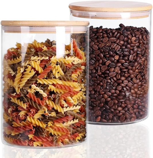 Set of 2 Glass Flour Container with Airtight Bamboo Lid, Large Food Jar with Wooden Lid for Storage Flour, Sugar, Cookies, Rice, Coffee Beans(3L)