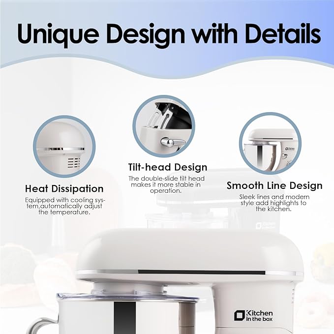 Kitchen in the box Stand Mixer - 900 Watt Heavy Dough Standing Mixers with 6.5 Quart Mixing Bowl, Tilt-head, Dough Hook, Whisk, Flat Beater and Splash Guard (White)