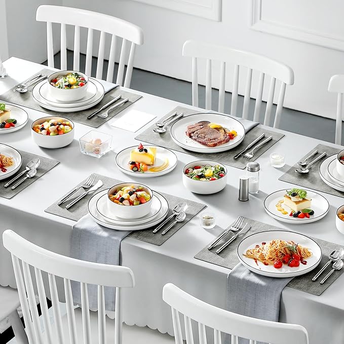 MALACASA Plates and Bowls Sets, 18 Pieces Modern Porcelain Dinnerware Set for 6 White Kitchen Dinner Ware Set wtih Black Rim Ceramic Dishware Dishes Microwave and Dishwasher Safe, Series LUNA