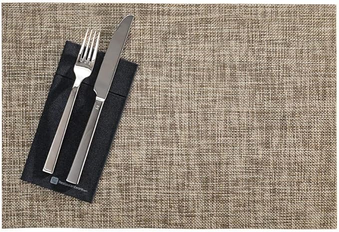 Restaurantware Carmel Mesh 16 x 12 Inch Table Placemats Set Of 6 Woven Washable Placemats - Heat Tolerant No Stain Smoked Gold Vinyl Kitchen Placemats With White Threads Easy To Clean