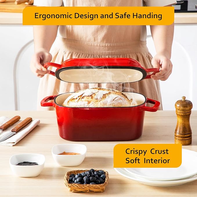 Velaze 3.6QT Dutch Oven for Bread Baking,Oval Cast Iron Enameled Bread Oven Pan with Lid and Offset Handles,Oven Safe to 500°F for Homemade Sourdough Bread(Red)