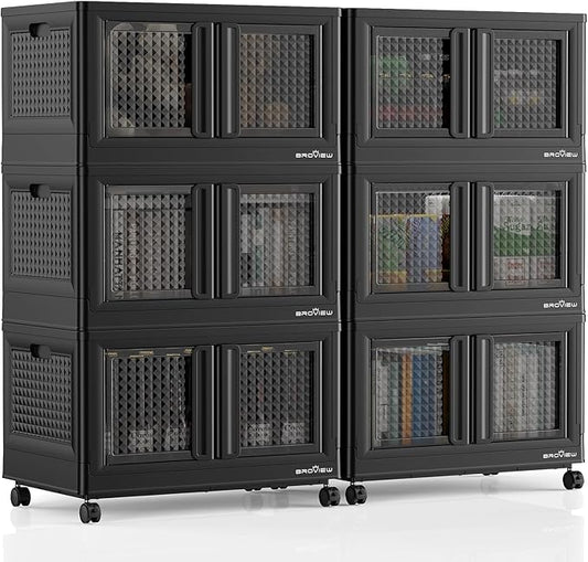 BROVIEW 600Qt Stackable Storage Bins with Lids, 150Gal Closet Organizers and Storage Drawer, Plastic Collapsible Storage Bins with Doors, Heavy Duty Store Box Cabinet for Home Kitchen, 6Pack Black