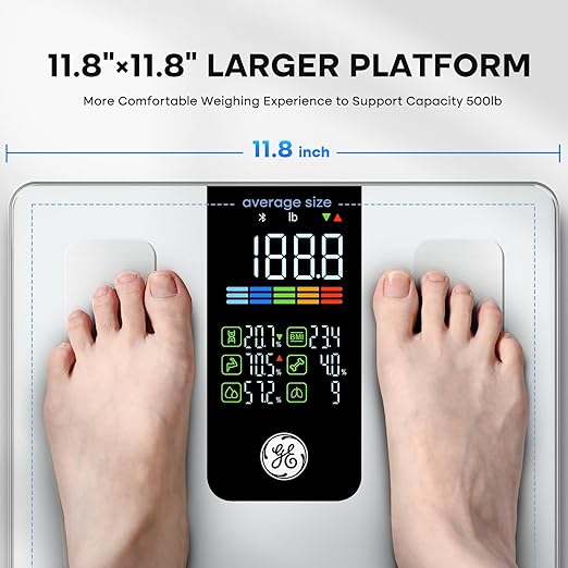 GE Smart Scale for Body Weight, BMI, Body Fat, Muscle Mass, Digital Bathroom Scales Bluetooth Body Composition Monitor Large Platform Accurate Weighing Health Analyzer with App 500lbs, White